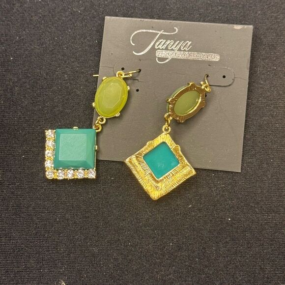 Gold and Green Teardrop Earrings with Glossy Finish 2.25 inch - Picture 3 of 5
